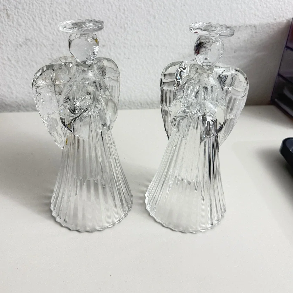 Vintage Clear Pressed Glass Angel Candle Holders Pair Praying Wings 7.5 Inch